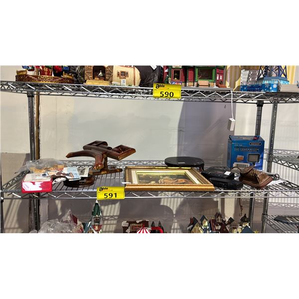 SHELF OF VINTAGE SONY WALKMAN, WALL ART, WOOD ANIMAL TOYS, HOLIDAY CARDS & MORE