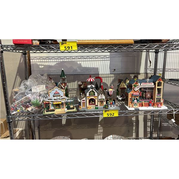 SHELF OF ASSORTED LEMAX BUILDINGS & BAG OF ASSORTED VILLAGE ACCESSORIES