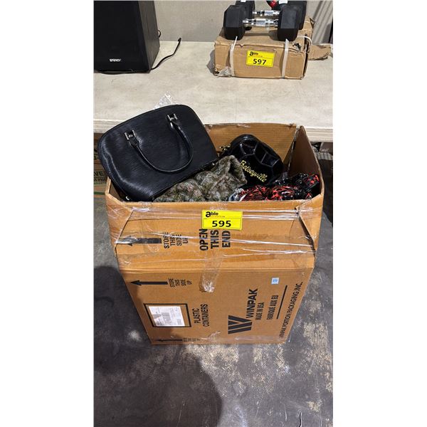 BOX OF ASSORTED CLOTHING & PURSES