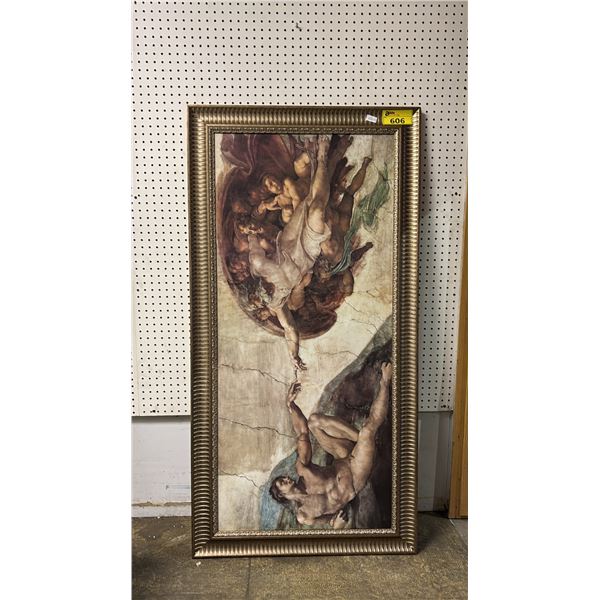 FRAMED REPRODUCTION PRINT OF MICHAELANGELO'S "CREATION OF ADAM" - 61" X 31"