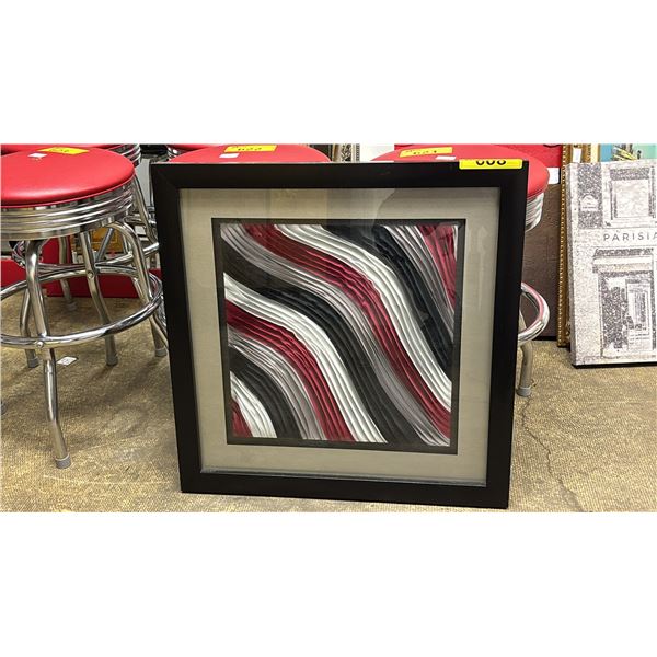 MATTED & FRAMED PLEATED FABRIC ART IN RED, WHITE, BLUE & GREY - APPROX. 26" X 26"