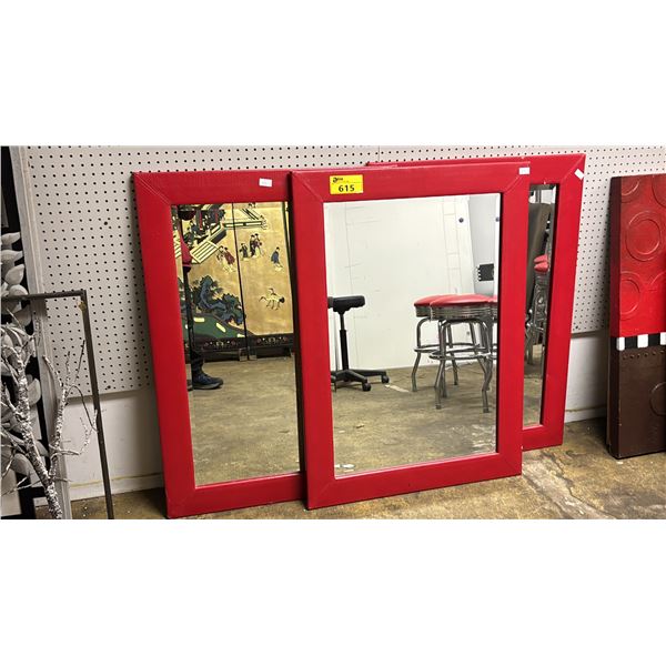 3 WALL MIRRORS WITH UPHOLSTERED RED FRAMES - APPROX. 42" X 31"