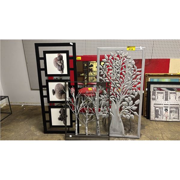 FRAMED STONE PHOTO TRIPTYCH & 2 FRAMED ILLUMINATED TREE ART