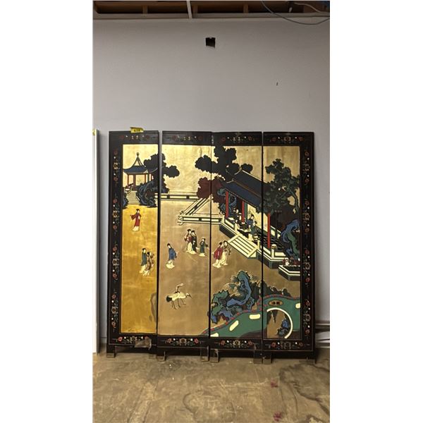 4-PANEL BLACK LAQUERED CHINESE SCREEN - *NO HINGES/SOME DAMAGE TO THE PANELS*