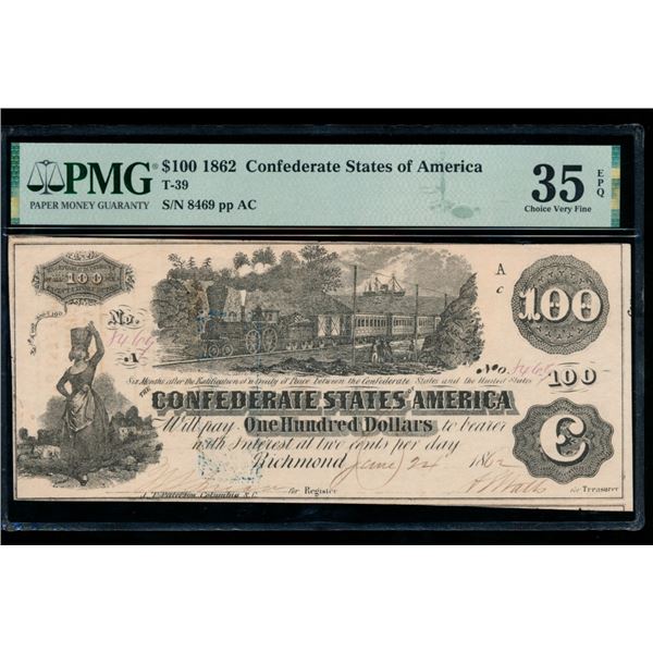 1862 $100 T-39 Confederate PMG 35EPQ