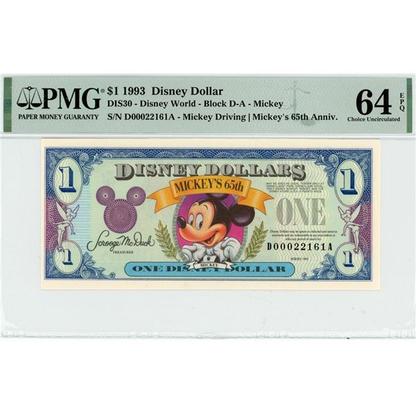 1993 $1 Mickey 65th Anniversary Disney Dollar PMG 64EPQ