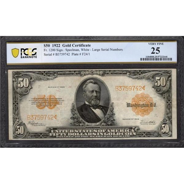 1922 $50 Gold Certificate PCGS 25