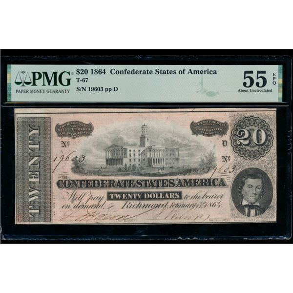 1864 $20 T-67 Confederate PMG 55EPQ
