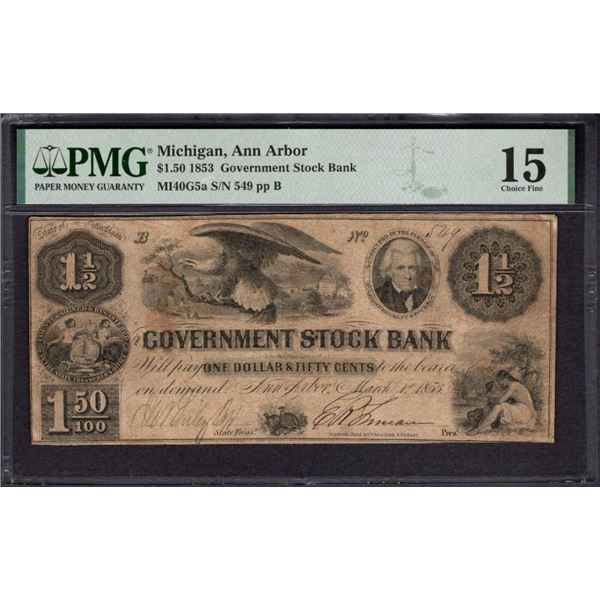 1853 $1.50 Ann Arbor MI National PMG 15