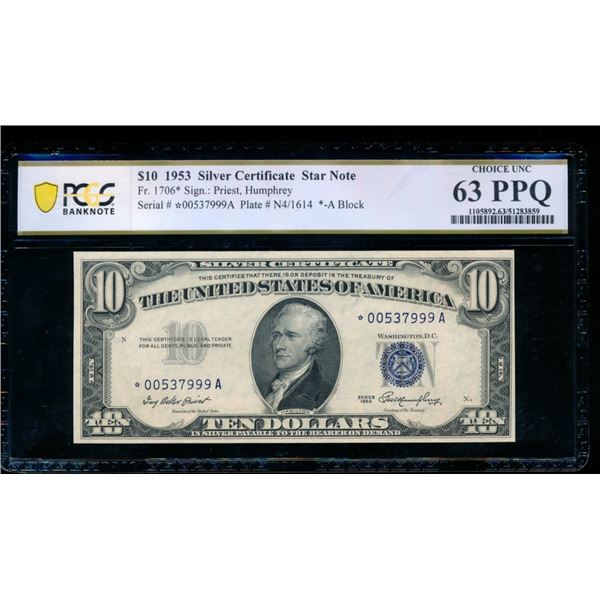 1953 $10 STAR Silver Certificate PCGS 63PPQ