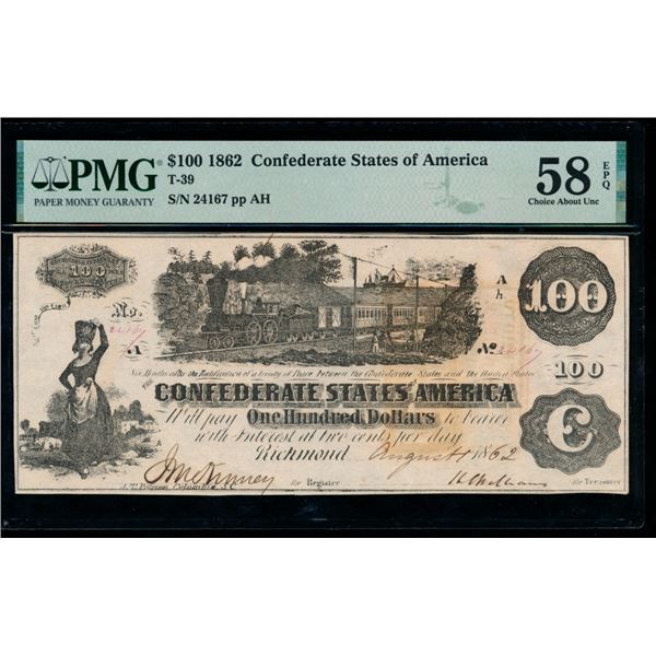 1862 $100 T-39 Confederate PMG 58EPQ