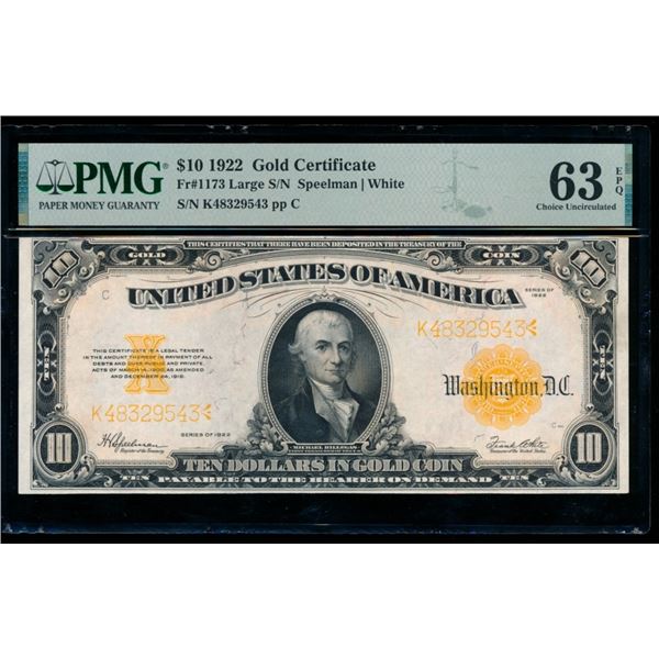 1922 $10 Gold Certificate PMG 63EPQ