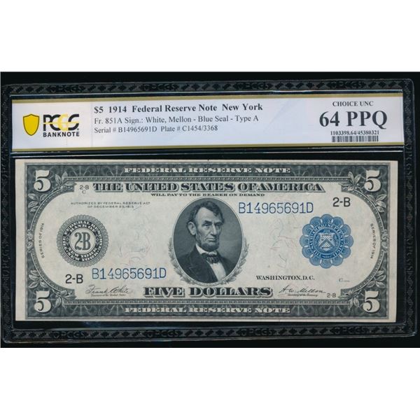 1914 $5 New York FRN PCGS 64PPQ
