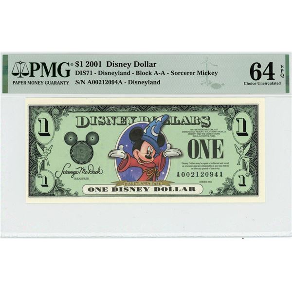2001 $1 Mickey Sorcerer Disney Dollar PMG 64EPQ