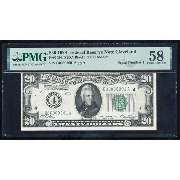 1928 $20 Serial 1 Cleveland FRN PMG 58