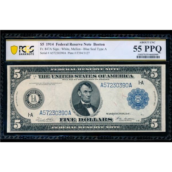 1914 $5 Boston FRN PCGS 55PPQ