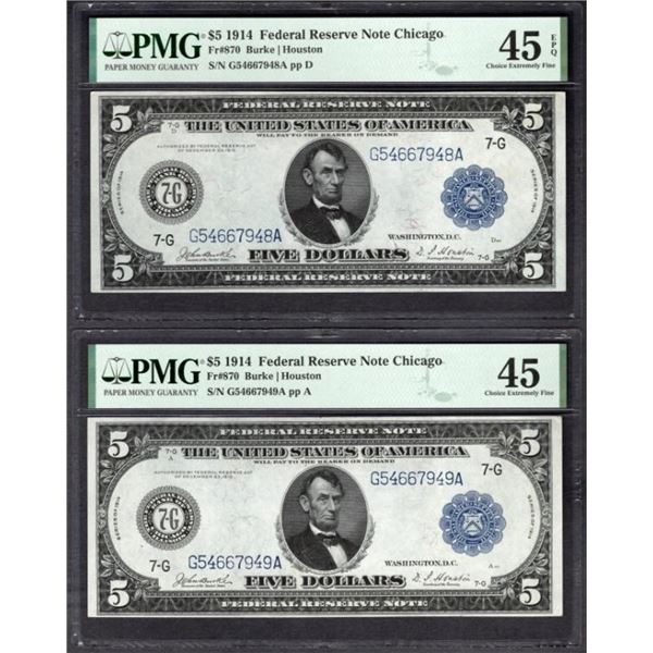 Lot of Two Consecutive 1914 $5 Chicago FRN PMG 45