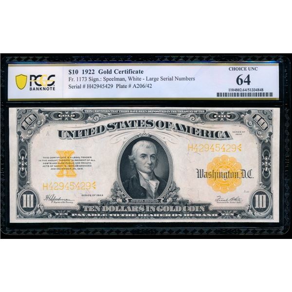 1922 $10 Gold Certificate PCGS 64