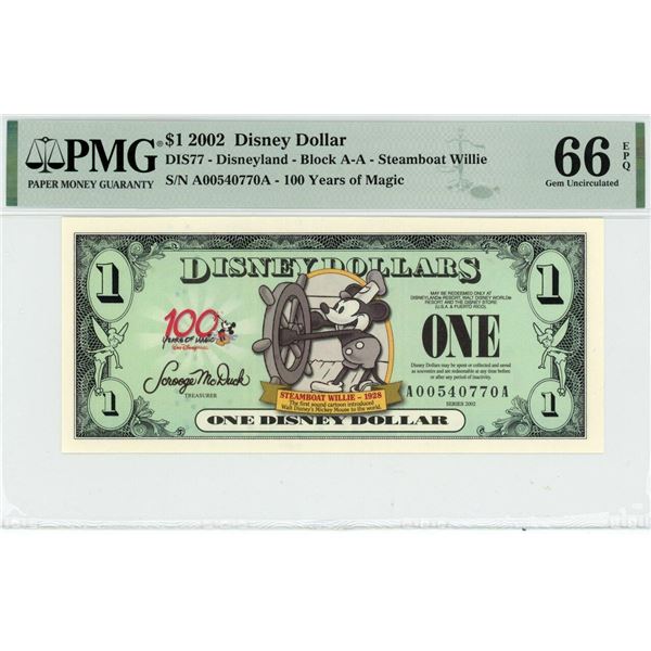 2002 $1 Steamboat Willie Disney Dollar PMG 66EPQ