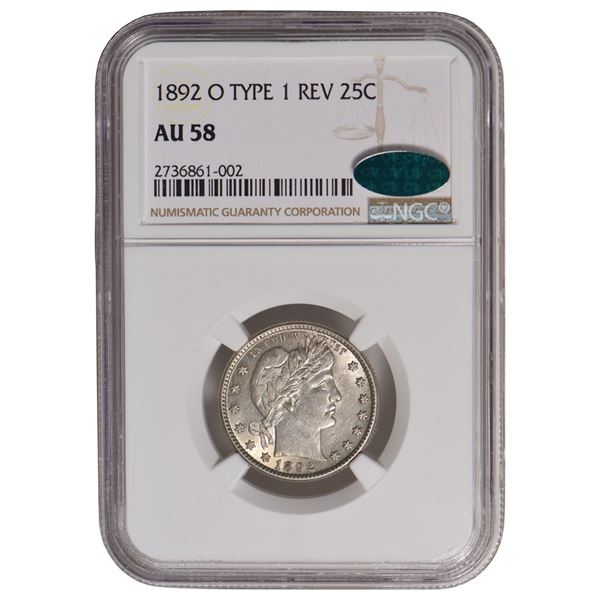 1892-O Barber Quarter NGC AU58 CAC