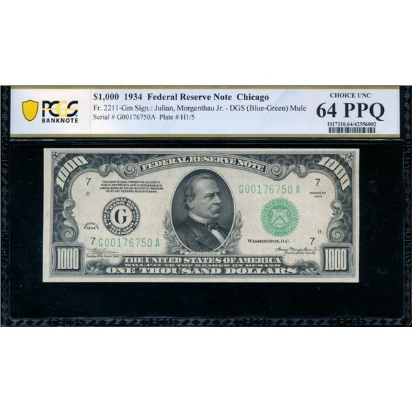 1934 $1000 Chicago FRN PCGS 64PPQ