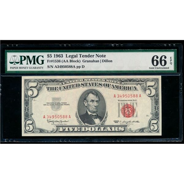1963 $5 Legal Tender Note PMG 66EPQ