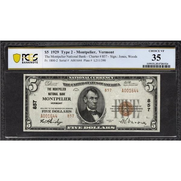 1929 $5 Montpelier VT National PCGS 35