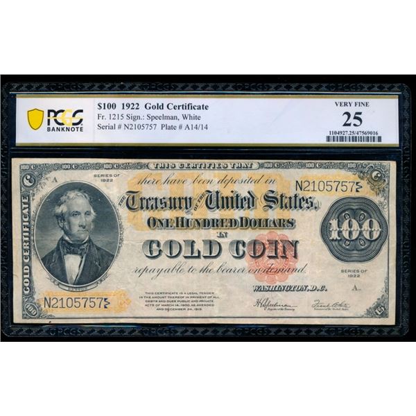1922 $100 Gold Certificate PCGS 25
