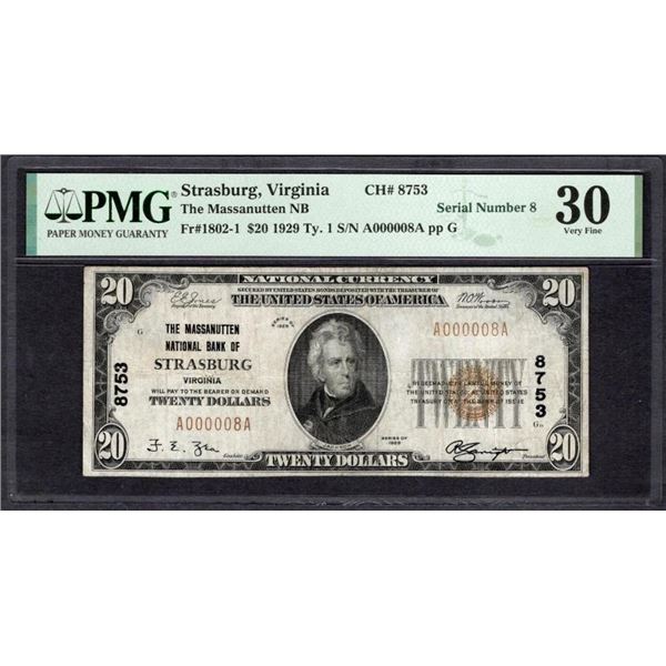 1929 $20 Serial 8 Strasburg VA National PMG 30