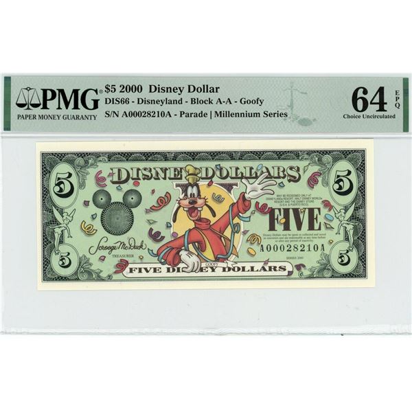 2000 $5 Goofy Millennium Disney Dollar PMG 64EPQ