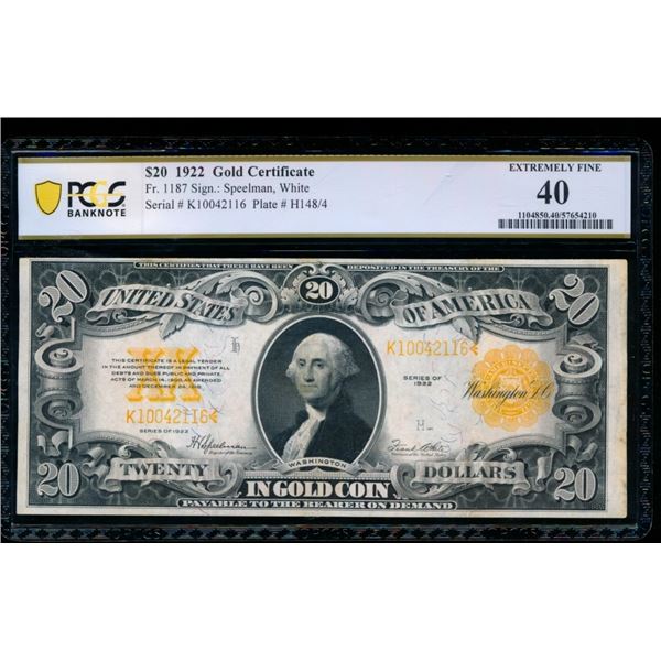 1922 $20 Gold Certificate PCGS 40