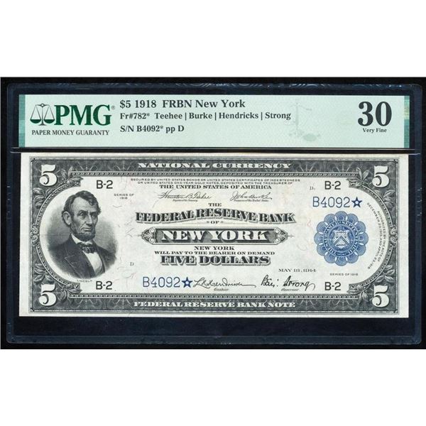 1918 $5 STAR New York FRBN PMG 30
