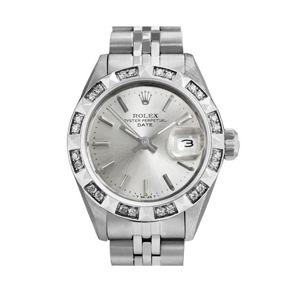Rolex Ladies Stainless Steel Pyramid Diamond Bezel Date Watch
