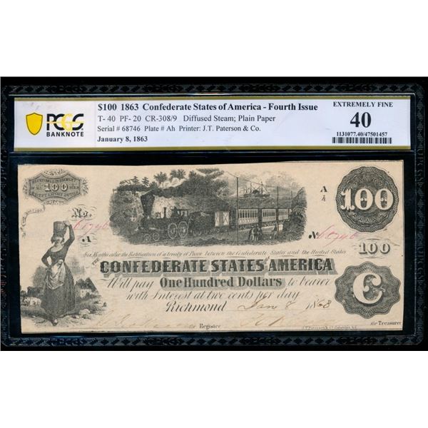 1863 $100 T-40 Confederate PCGS 40