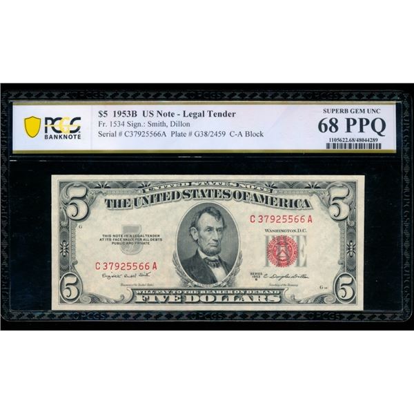 1953B $5 Legal Tender Note PCGS 68PPQ
