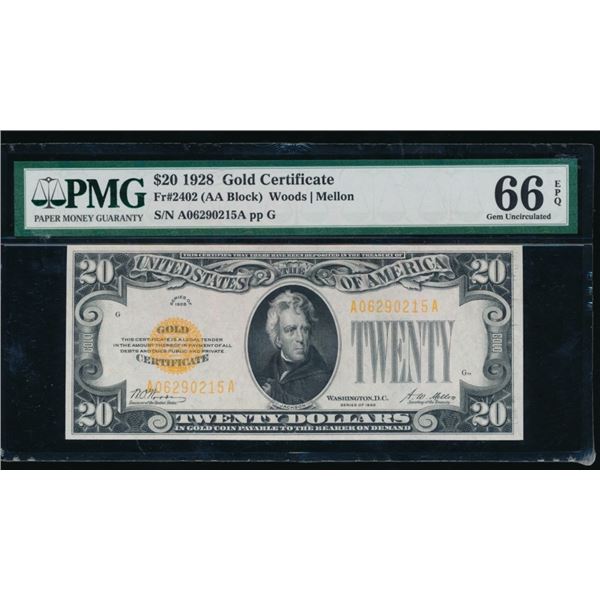 1928 $20 Gold Certificate PMG 66EPQ