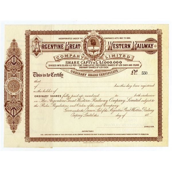 Argentina. Argentine Great Western Railway Co. Ltd., ca.1894 Specimen Stock