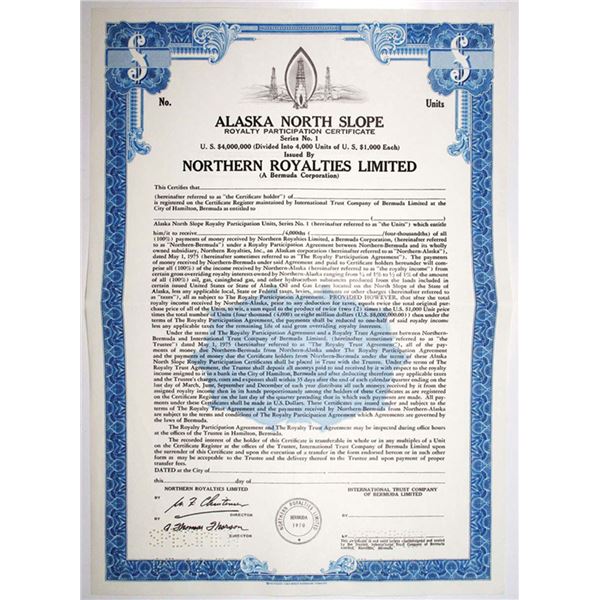 Bermuda. Northern Royalties Ltd., 1975 $Odd Specimen Royalty Participation Cert