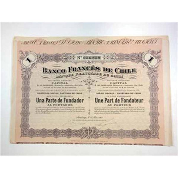 Chile. Banco Frances de Chile, 1917 1 Shr I/U Stock Certificate, Fine-VF