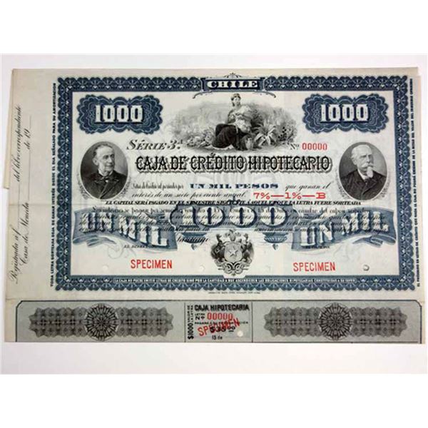 Chile. Caja De Credito Hipotecario, 1900-10s 1000 Pesos Specimen 7% Coupon Bond, VF ABN