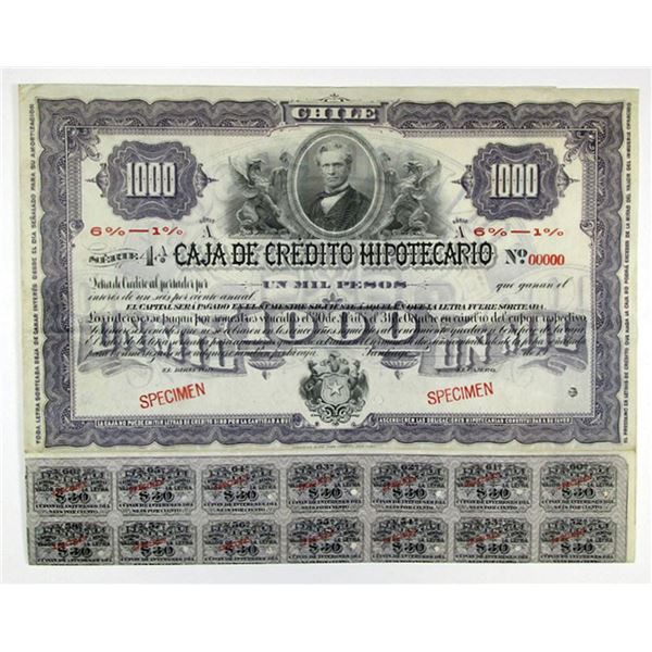 Chile. Caja de Credito Hipotecario, 1905 1000 Pesos Specimen 6%-1% Coupon Bond