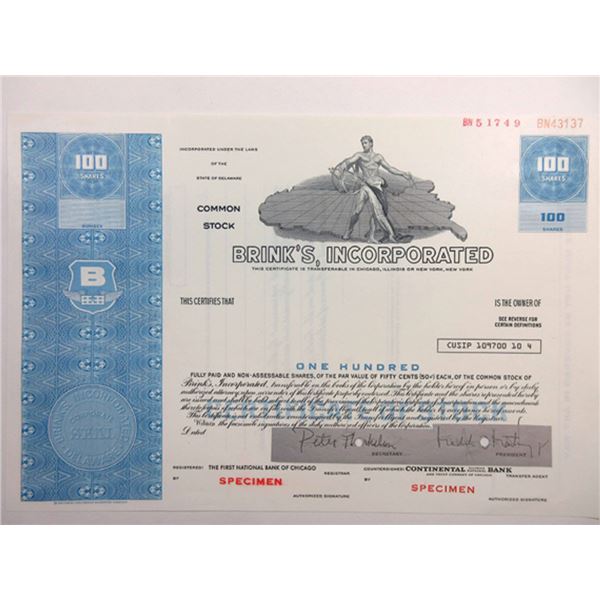 Brink's inc. 1960-70 100 Shares Specimen Stock Certificate XF Armored Transport