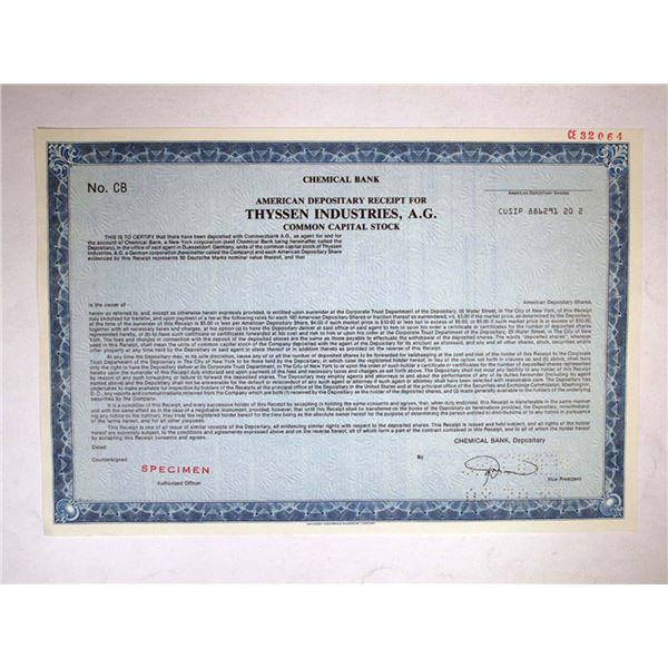 Germany. . Thyssen Industries, A.G. 1983. Specimen Stock Cert. XF-AU. S-C BNC