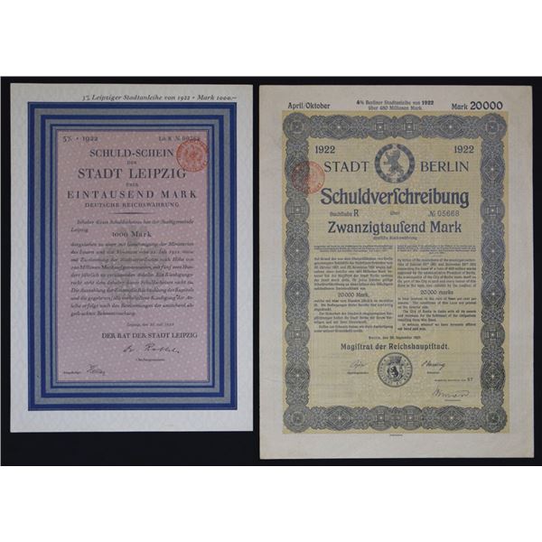 Germany. Stadt Leipzig and Stadt Berlin, I/U German Bond pair, Both dated 1922.