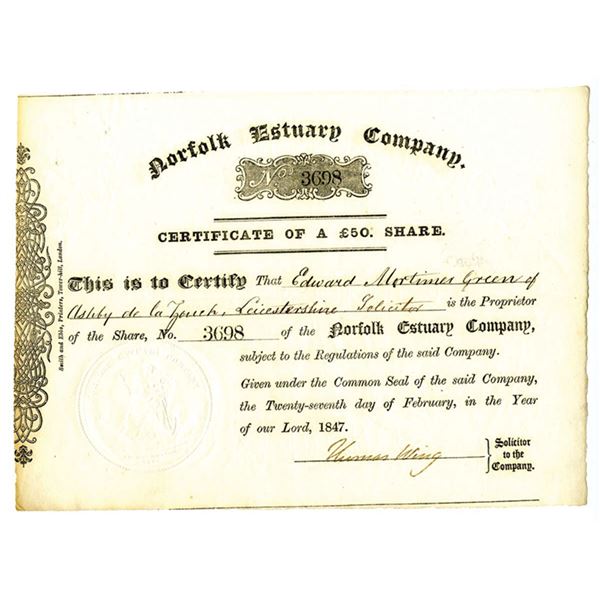 England. Norfolk Estuary Co., 1847 50 Pound Shr I/U Stock Certificate, Fine-VF