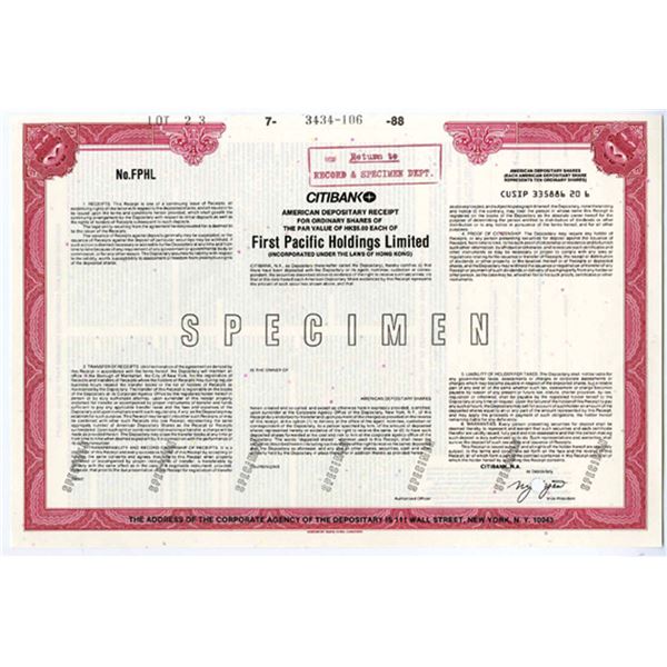 Hong Kong. First Pacific Holdings Ltd. 1988 Odd ADR Specimen Stock Cert, XF ABNC