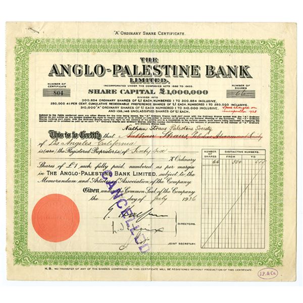 Israel. Anglo-Palestine Bank Ltd., 1936 66 Shrs I/C "A" Ordinary Stock Cert., Fine-VF