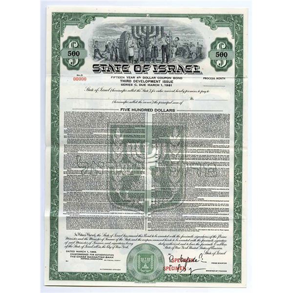 Israel. State of Israel, 1966 Specimen $500 3rd Development Issued Bond