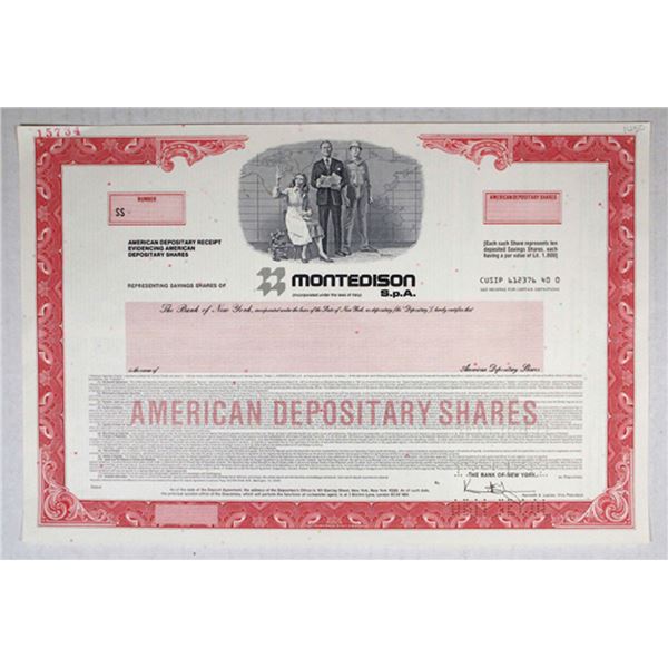 Italy. Montedison SpA, 1992 Specimen ADR Certificate, XF ABNC
