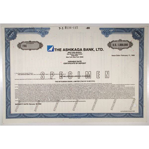 Japan. Ashikaga Bank, Ltd., 1989. $1,000,000 Specimen Cert of Deposit, XF-AU